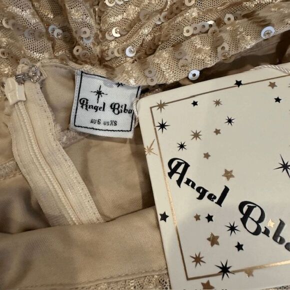 NWT Angel Biba Take A Shine To Sequin Mini Dress Champagne Ruched Gold Size XS - Picture 4 of 11